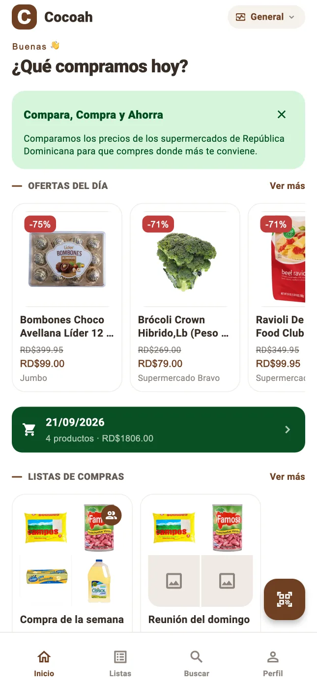 Pantalla de inicio de Cocoah con las ofertas del día y las listas de compras